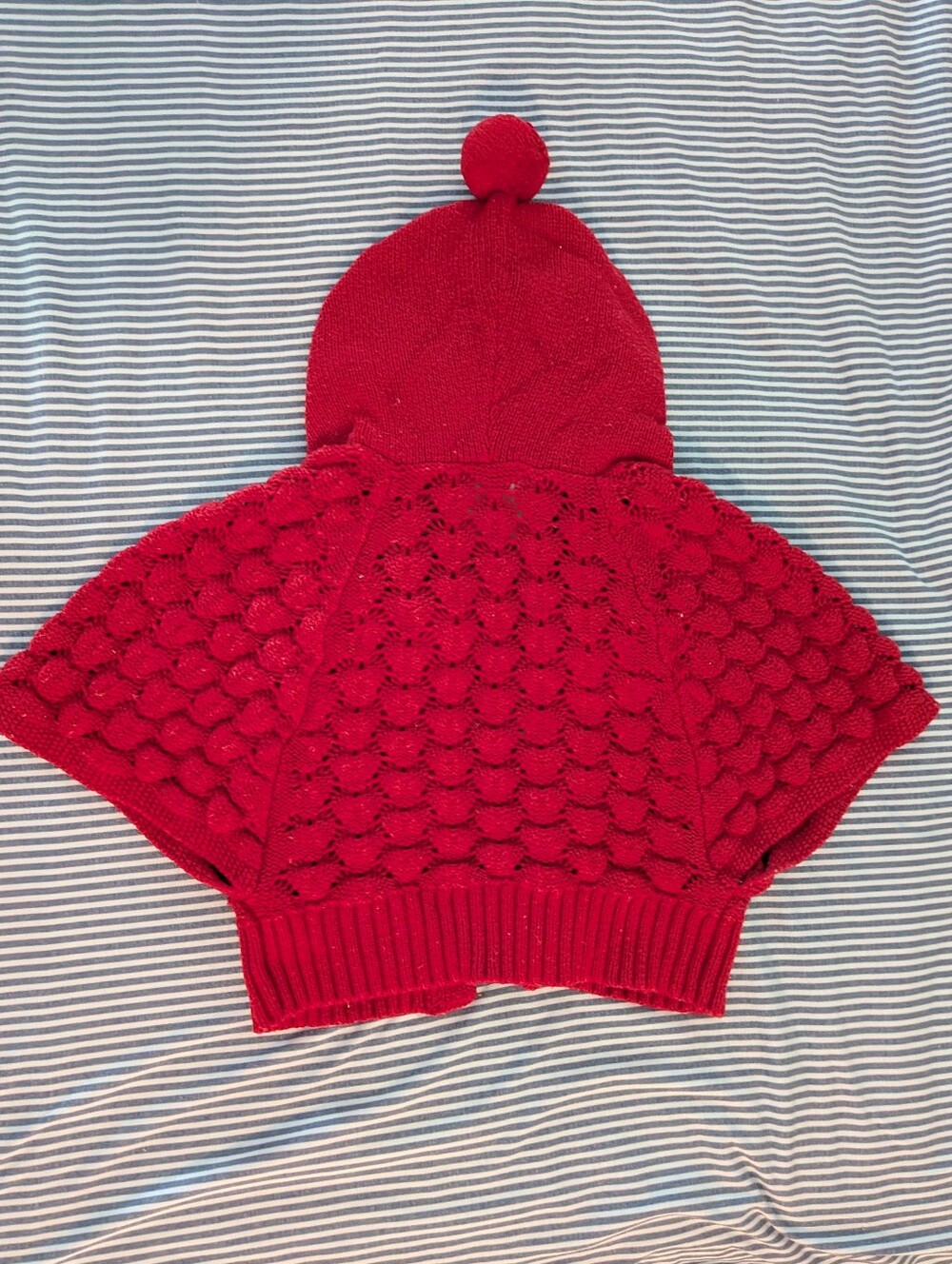 Genuine Kids Oshkosh Red Hooded Knit Sweater Capelet Cape/Cardigan with Pompom - Picture 3 of 3